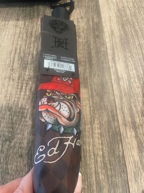 NWT Ed Hardy Bulldog Graphic Foldable Umbrella - Red, Brown & Green